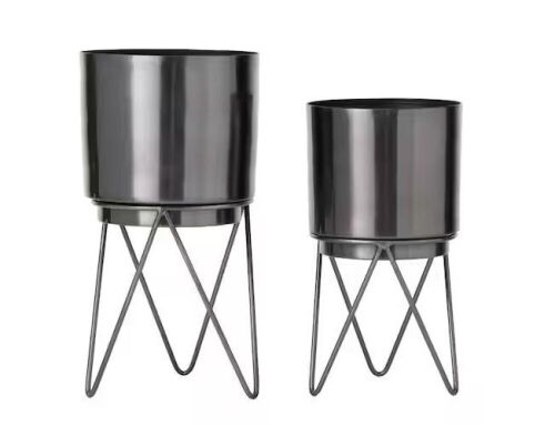 Medium Black Metal Planter with Removable Stand, 12 in. and 10 in. - Lot 617