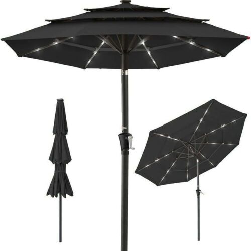 3-Tier Solar Patio Umbrella w/ LED Lights, Tilt Adjustment, Crank - 10ft - Lot 657