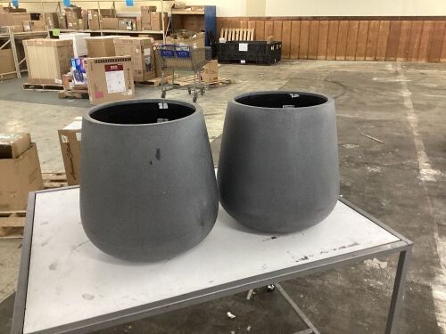 Lot of (2) PotteryPots Medium 18.1 in. Tall Grey Pax Fiberstone Indoor Outdoor Modern Round Planter  - Lot 462