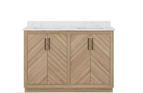 Glacier Bay Huckleberry 48 in. W x 19 in. D x 34 in. H Double Sink Bath Vanity in Weathered Tan with White Engineered Marble Top  - Lot 10