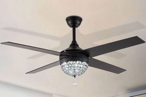 42 in. Integrated LED Indoor Vintage Black 4 Wooden Blades Crystal Ceiling Fan Light with Remote Control - Lot 79