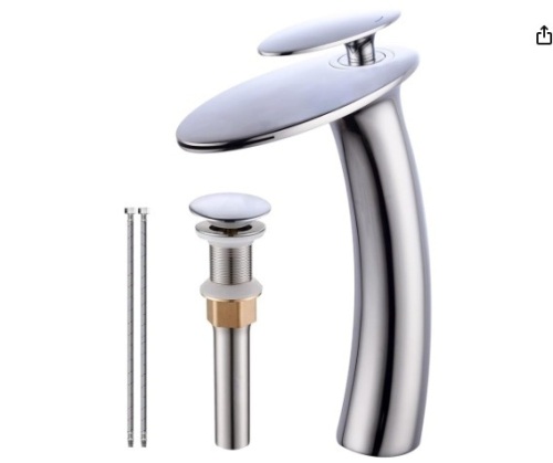 Wovier Chrome Waterfall Bathroom Sink Faucet with Pop Up Drain Assembly,Single Handle Single Hole Brass Lavatory Vanity Faucet,Slanted Body Basin Mixer Tap Tall Body with Supply Hose - Lot 376a