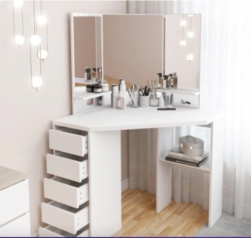 Hironpal Corner Vanity Desk, Makeup Vanity with 5 Storage Drawers and Mirrors for Women Girls, White - Lot 95