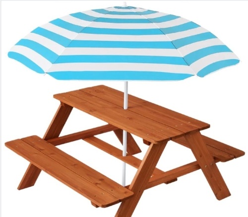 Kids Wooden Outdoor Picnic Table w/ Adjustable Umbrella, Built-In Seats - Lot 223