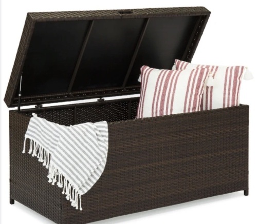 Indoor Outdoor Wicker Storage Box w/ Steel Frame, Lift-Up Top - 136 Gal - Lot 228