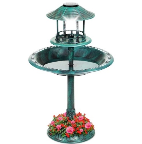 Solar Lighted Outdoor Pedestal Bird Bath w/ Planter, Decorative Bird Cage - Lot 140
