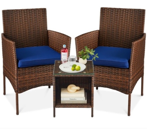 3-Piece Outdoor Patio Wicker Bistro Set w/ Side Storage Table - Lot 144