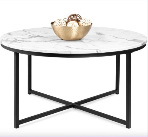 Round Coffee Table w/ Faux Marble Top, Metal Frame - 36in - Lot 149