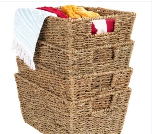 Set of 4 Seagrass Storage Tote Baskets, Laundry Organizer w/ Insert Handles - Lot 252