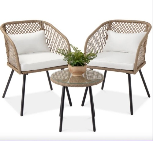 3-Piece Outdoor Diamond Weave Wicker Bistro Set w/ Tempered Glass Side Table - Lot 153