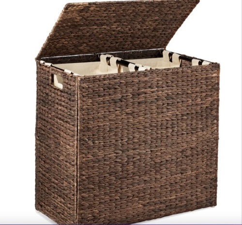 Large Water Hyacinth Double Laundry Hamper Basket w/ 2 Liner Bags - Lot 154
