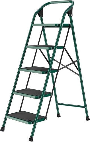 5 Step Ladder, Folding Step Stool for Adults with Handle & 16" Wide Anti-Slip Pedal, 330lbs Capacity Ergonomic Sturdy Steel Ladder, Portable Steel Step Stool for Household, Kitchen, Office (Green)…  - Lot 365a