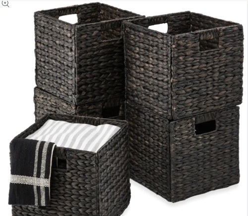 Set of 5 Collapsible Hyacinth Storage Baskets w/ Inserts - 13x13in - Lot 599