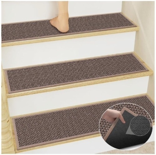 GOYLSER Rubber Stair Treads for Wooden Steps with Rubber Backed, 7Pack Jute Stair Cover Pads Non Slip, Machine Washing Stair Carpet Mat, Light Brown Stair Rugs Stairway Treads - Lot 220e