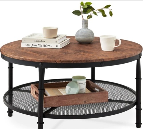 2-Tier Round Industrial Wood & Steel Coffee Table, Storage Shelves - 35.5in - Lot 282