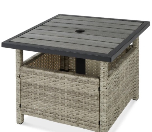 Outdoor Wicker Patio Side Table Accent Furniture w/ Umbrella Hole - Lot 284