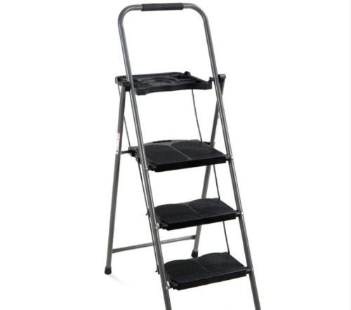 3-Step Folding Steel Ladder w/ Utility Tray, Hand Grip, 330lb Capacity - Lot 300