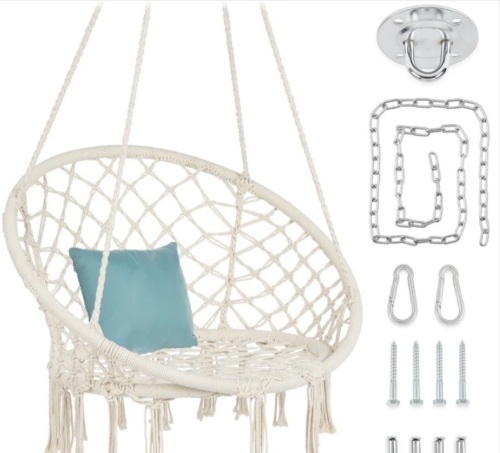 Cotton Macrame Hammock Hanging Chair Swing, Handwoven w/ Backrest - Lot 307