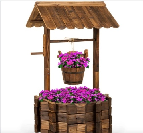 Rustic Wooden Wishing Well Planter Yard Decoration w/ Hanging Bucket - Lot 382