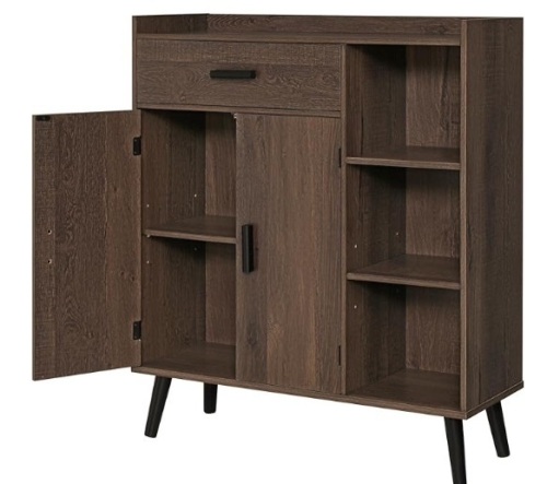 usikey 37.2" H Tall Storage Cabinet with 1 Drawer and 2 Doors, Mid Century Floor Storage Cabinet with 3 Shelves, Wooden Sideboard, Cupboard for Living Room, Home Office, Dark Oak - Lot 475