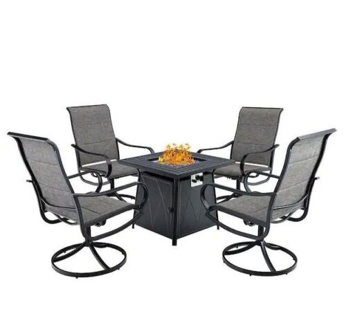 Black 5-Piece Metal Patio Fire Pit Set with Padded Textilene Swivel Chairs  - Lot 15