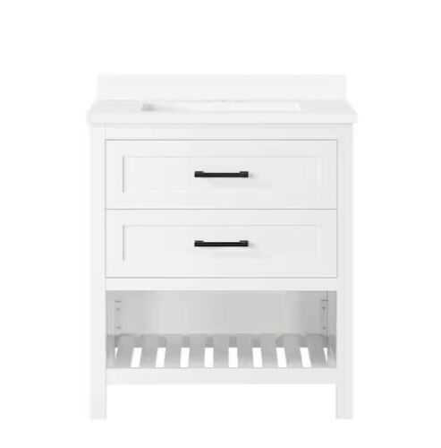 Home Decorators Collection Autumn 30 in. W x 19 in. D x 34 in. H Single Sink Bath Vanity in White with White Engineered Stone Top  - Lot 29