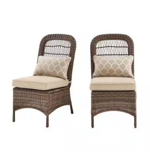 Hampton Bay Beacon Park Brown Wicker Outdoor Patio Armless Dining Chair with CushionGuard Toffee Trellis Tan Cushions, Set of 2  - Lot 46