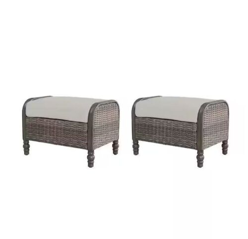 Hampton Bay Windsor Brown Wicker Outdoor Patio Ottoman with CushionGuard Biscuit Tan Cushions, Set of 2  - Lot 92