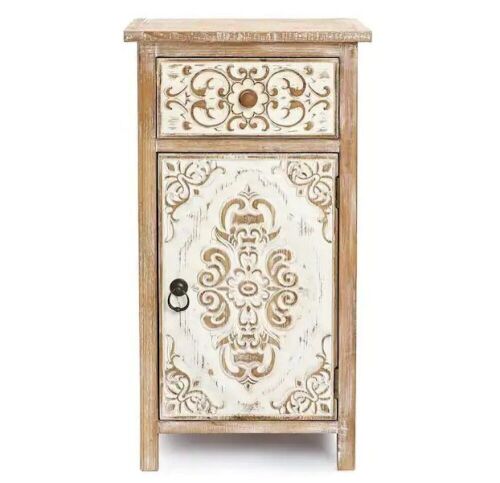 LuxenHome 30.125 in. H Natural Wood Floral Carved 1-Door Accent Table - Lot 93