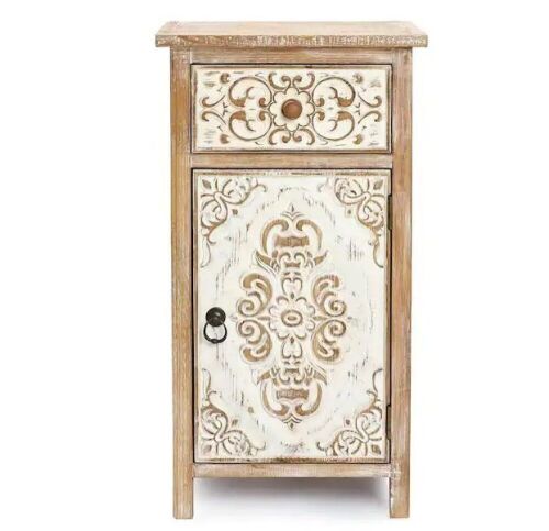 LuxenHome 30.125 in. H Natural Wood Floral Carved 1-Door Accent Table - Lot 94