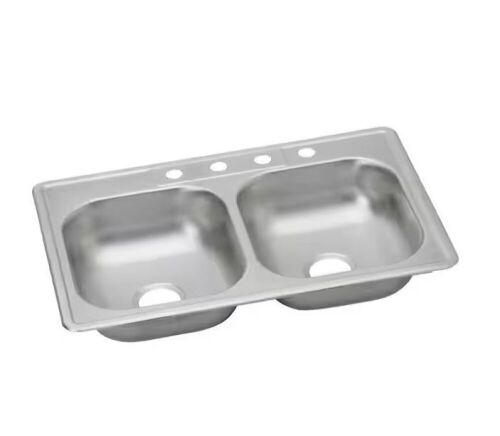Glacier Bay 33 in. Drop-in Double Bowl 22 Gauge Stainless Steel Kitchen Sink with 4-Faucet Holes - Lot 358