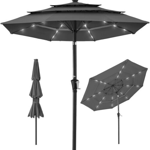 3-Tier Solar Patio Umbrella w/ LED Lights, Tilt Adjustment, Crank - 10ft - Lot 763