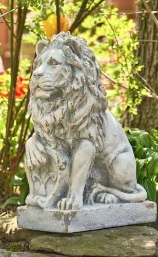 21 in. Tall Grey Magnesium Lion Sentry Garden Statues with Fleur-De-Lis Harold - Lot 107