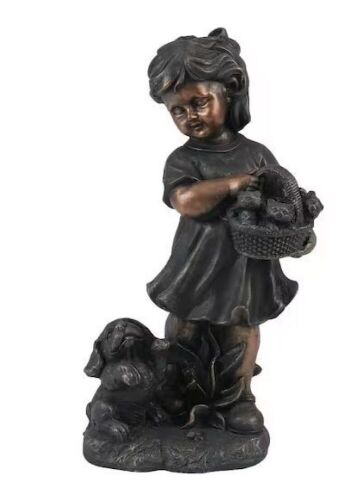 LuxenHome Bronze MgO Girl Holding Basket of Kittens with Puppy Garden Statue  - Lot 108