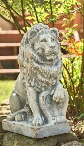 21 in. Tall Grey Magnesium Lion Sentry Garden Statues with Fleur-De-Lis Leo - Lot 109