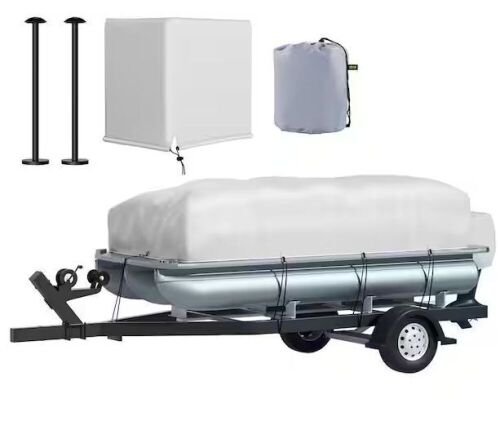 Trailerable Pontoon Boat Cover 21 ft. to 24 ft. 600D Marine Oxford Fabric with 2 Support Poles 7 Straps, Gray  - Lot 667