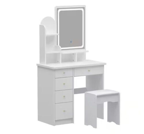 5-Drawers White Wood Vanity Dressing Table with Stool, Mirror and 3-Tier Storage Shelves  - Lot 85