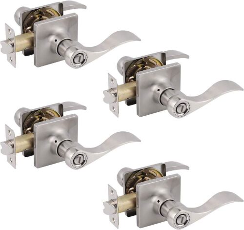  Probrico Wave Style Privacy Door Handles with Square Rosette Satin Nickel Reversible Keyless, 4 Pack  - Lot 404