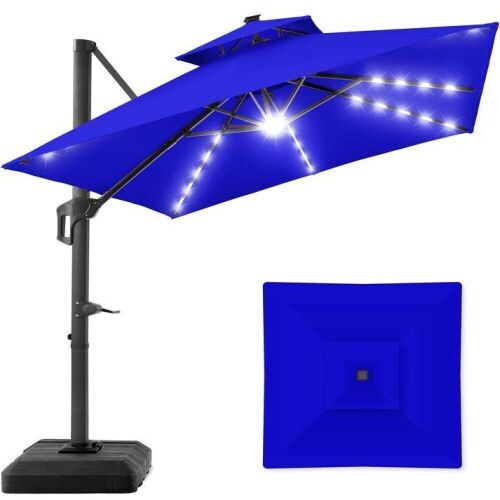 2-Tier Square LED Cantilever Offset Umbrella w/ 360 Rotation, Base - 10x10ft - Lot 25