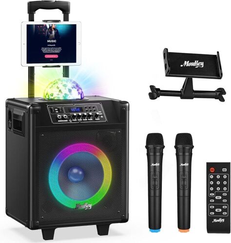  Moukey Karaoke Machine, 540W Bluetooth 5.0 Portable System PA Stereo, 10" Subwoofer, Colorful Lights, Rechargeable Battery, 2 VHF Microphones, Recording Function, MP3/USB/TF/FM Radio - Lot 69