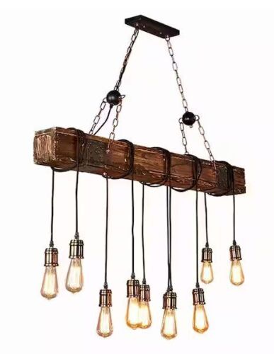 46.46 in. 10-Light Rustic Industrial Brown Linear Island Chandelier Metal and Wood Pendant Lamp  - Lot 21