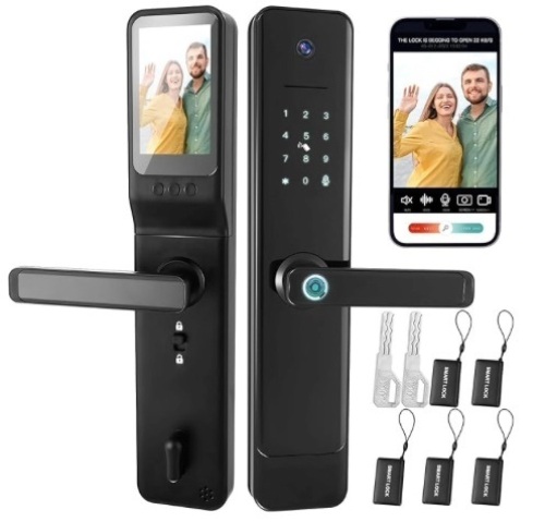 4 in 1 Smart Door Lock with Video Camera and Monitor Door Handle Wi-Fi Camera, Doorbell, Video Call, Keypad Lock Fingerprint Keyless Entry Door Lock, App Control, Black - Lot 54