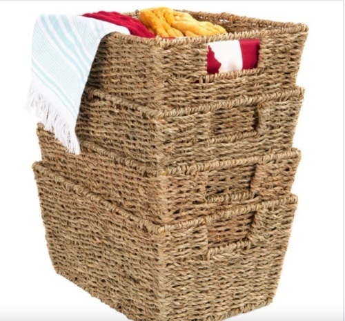 Set of 4 Seagrass Storage Tote Baskets, Laundry Organizer w/ Insert Handles - Lot 74