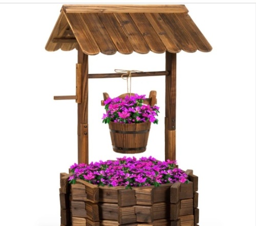 Rustic Wooden Wishing Well Planter Yard Decoration w/ Hanging Bucket - Lot 180
