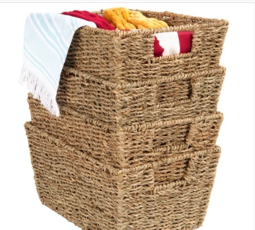 Set of 4 Seagrass Storage Tote Baskets, Laundry Organizer w/ Insert Handles - Lot 187