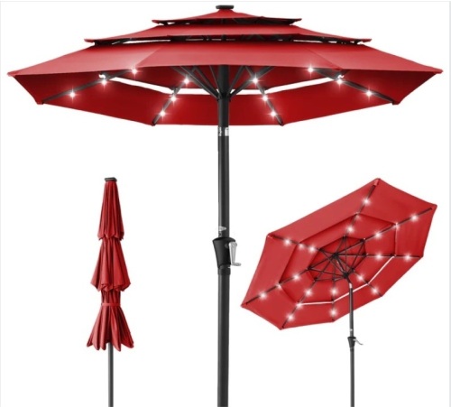 3-Tier Solar Patio Umbrella w/ LED Lights, Tilt Adjustment, Crank - 10ft - Lot 201