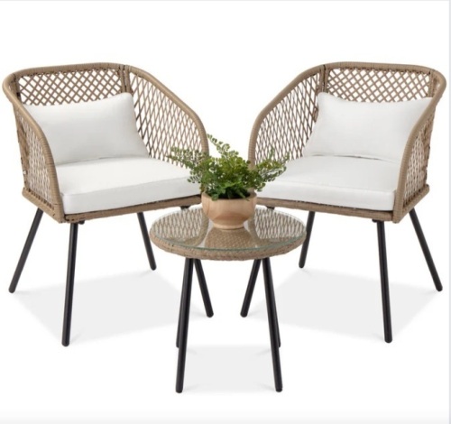 3-Piece Outdoor Diamond Weave Wicker Bistro Set w/ Tempered Glass Side Table - Lot 95