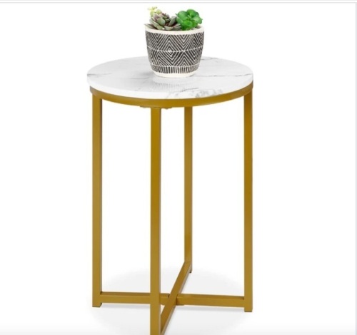 Round Coffee Side Table w/ Faux Marble Top, Metal Frame - 16in - Lot 98