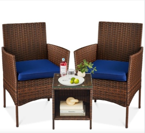 3-Piece Outdoor Patio Wicker Bistro Set w/ Side Storage Table - Lot 101