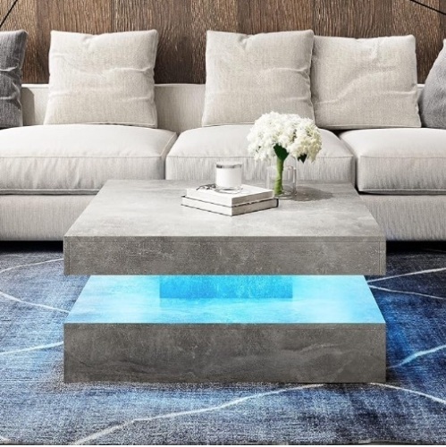 LED Coffee Table for Living Room, 31inch Wooden Square 2-Tier Modern Middle Center Table, Coffee Table with 16-Color Plug-in LED Light, Cocktail Tea Table for Home Office Reception Room - Lot 222a